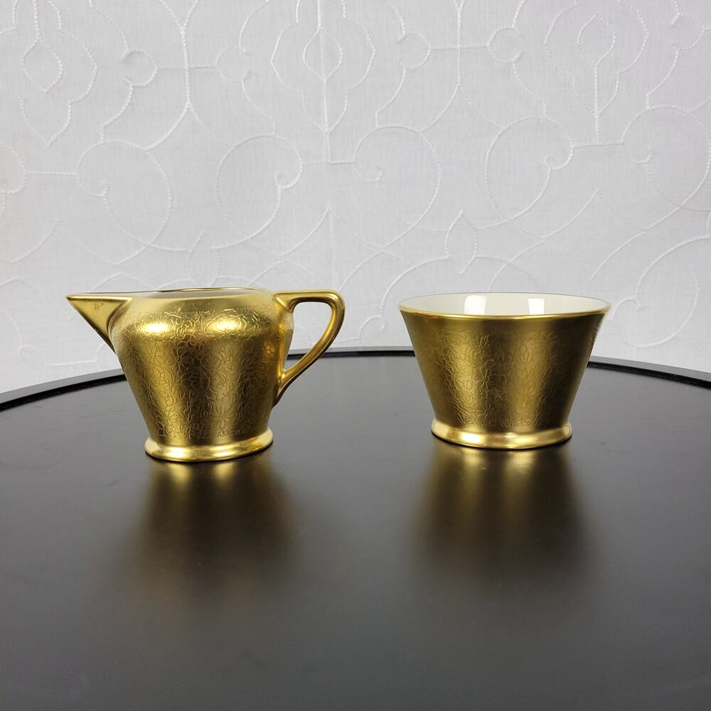 VINTAGE Pickard China Rose And Daisy 486 Gold Ceramic‎ Creamer & Sugar Bowl Set